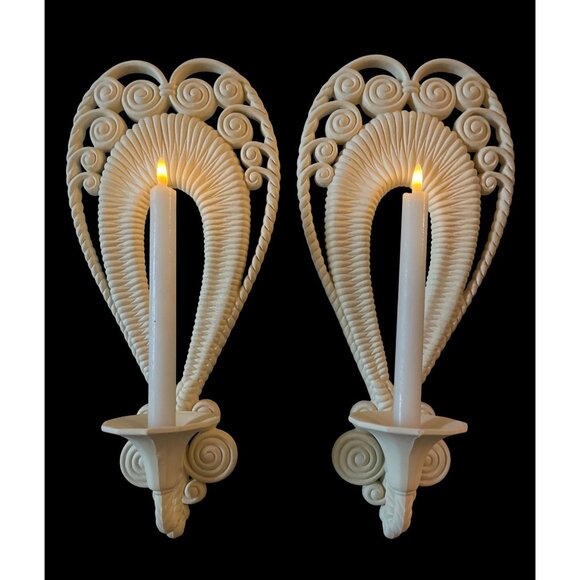 Vtg 70s Burwood Faux Off-White Wicker Wall Candleholders 17" Tall Pair - Picture 1 of 7